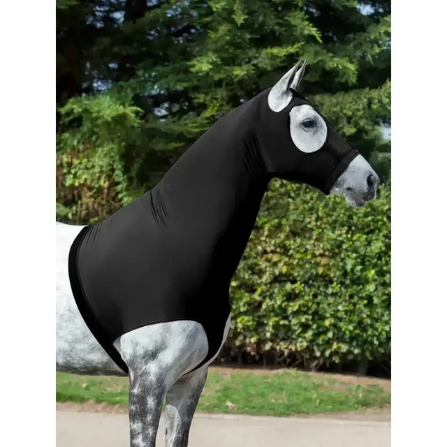 Black lemieux stretch hood made of stretchy fabric with white eye openings and adjustable belly strap technically crafted