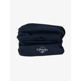 Navy blue lemieux stretch snood with white embroidered logo soft versatile neck covering for outdoor use