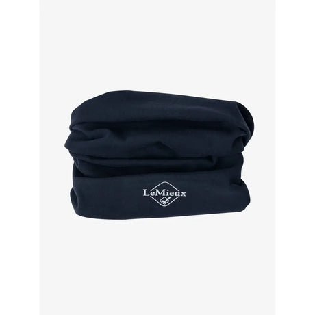 Navy blue lemieux stretch snood with white embroidered logo soft versatile neck covering for outdoor use