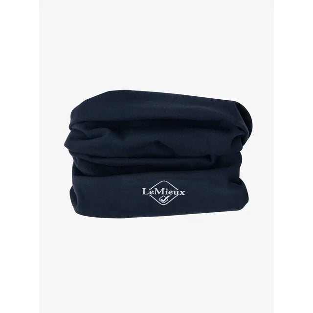Navy blue lemieux stretch snood with white embroidered logo soft versatile neck covering for outdoor use