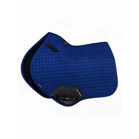 Royal blue lemieux suede close contact square benetton quilted saddle pad with black trim for equestrian use
