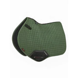 Olive green lemieux suede close square hunter green quilted horse saddle pad with black trim and branded logo patch