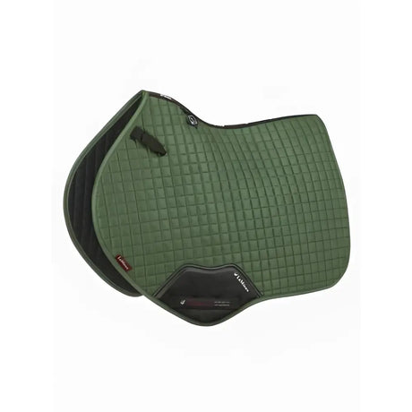 Olive green lemieux suede close square hunter green quilted horse saddle pad with black trim and branded logo patch