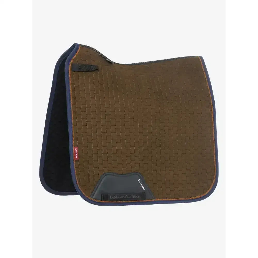 Brown woven textured lemieux suede dressage square alpine saddle pad with navy trim and black branded patch