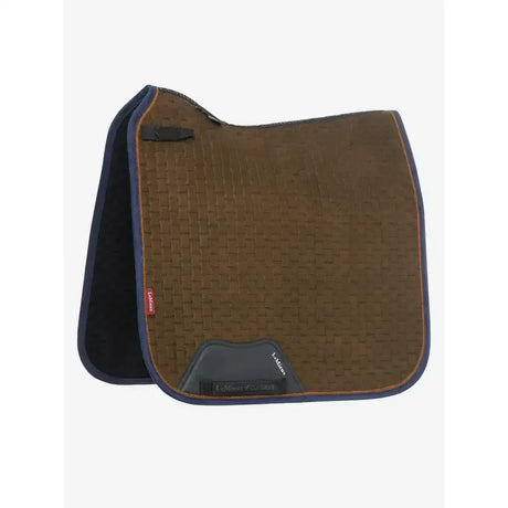 Brown woven textured lemieux suede dressage square alpine saddle pad with navy trim and black branded patch