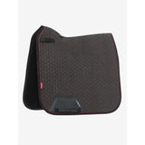 Quilted black Lemieux Suede Dressage Square Cinder saddle pad with burgundy trim