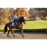 A dark brown horse wearing lemieux suede dressage square glacier in light blue with matching leg wraps and headcover