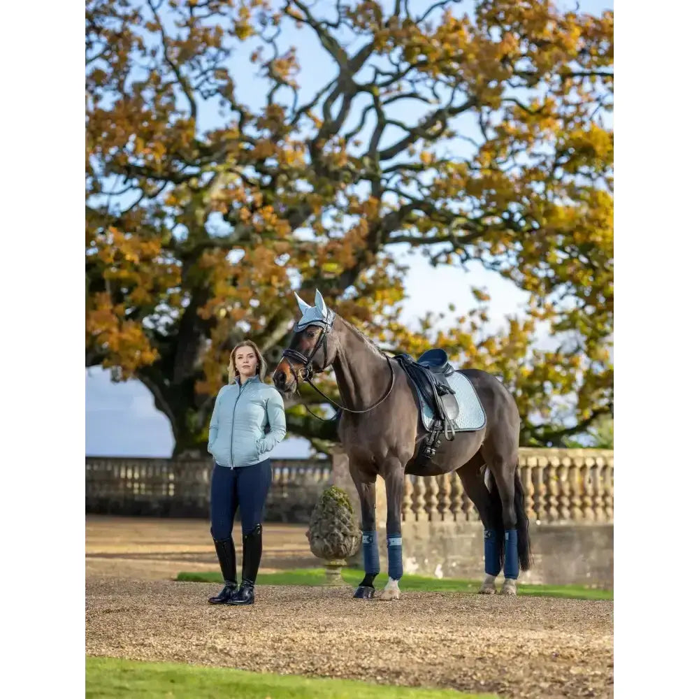 A dark brown horse wears a lemieux suede dressage square glacier with blue wraps beside a woman outdoors