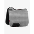 Gray quilted lemieux suede dressage square with soft suede binding black trim and branded logo patch