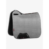 Gray quilted lemieux suede dressage square with soft suede binding black trim and branded logo patch