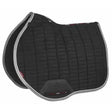 Black quilted horse saddle pad with gray trim and red branding lemieux suede eurojump square black