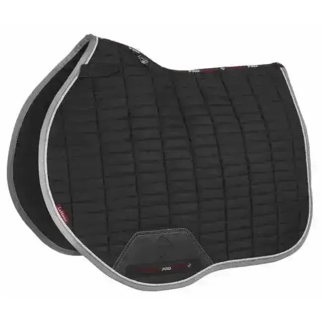 Black quilted horse saddle pad with gray trim and red branding lemieux suede eurojump square black