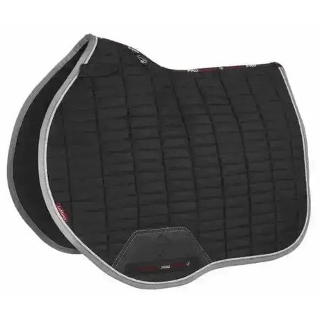 Black quilted horse saddle pad with gray trim and red branding lemieux suede eurojump square black