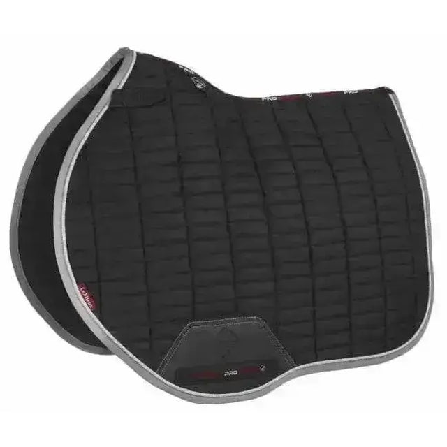 Black quilted horse saddle pad with gray trim and red branding lemieux suede eurojump square black