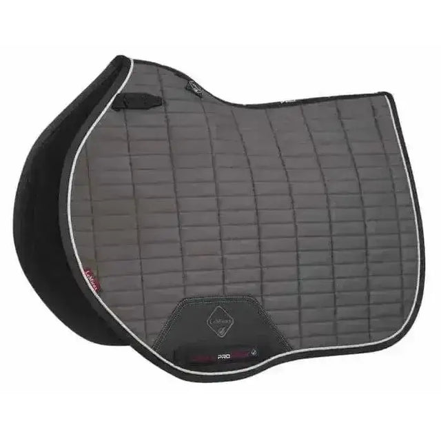 Lemieux suede eurojump square grey quilted horse saddle pad with black trim white stitching and diamond logo patch