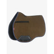Brown woven lemieux suede saddle pad with black trim elasticated d-ring tabs and high wither cut logo on the side