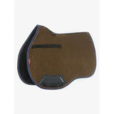 Brown woven lemieux suede saddle pad with black trim elasticated d-ring tabs and high wither cut logo on the side