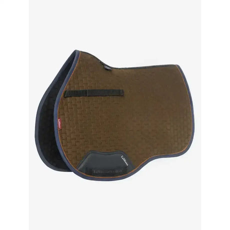 Brown woven lemieux suede saddle pad with black trim elasticated d-ring tabs and high wither cut logo on the side