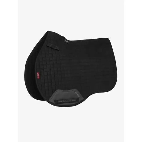 Black lemieux suede gp square black saddle pad with quilted texture and lambskin label for equestrian use