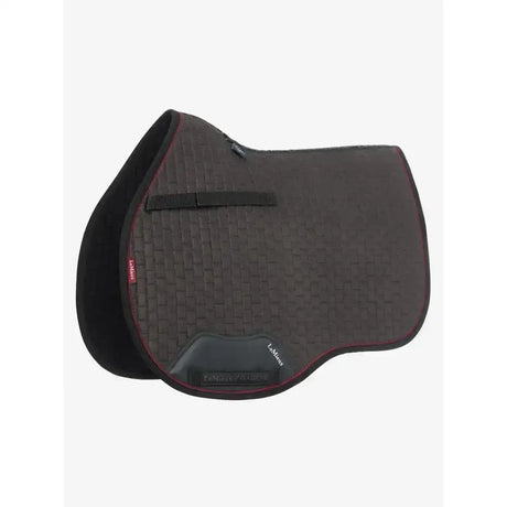 Black lemieux suede gp square saddle pad with textured surface red stitching and black strap for classic general purpose use