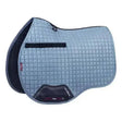 Light blue lemieux suede gp square ice blue quilted equestrian saddle pad with black trim and branded logo patch