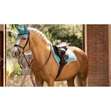 Teal lemieux suede gp square lagoon horse mane cover with pointed ear flaps and quilted texture visible from the back
