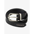 Black leather lemieux suede insert belt with silver buckle and tonal suede cutout embossed with brand name