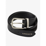 Black leather lemieux suede insert belt with silver buckle and tonal suede cutout embossed with brand name