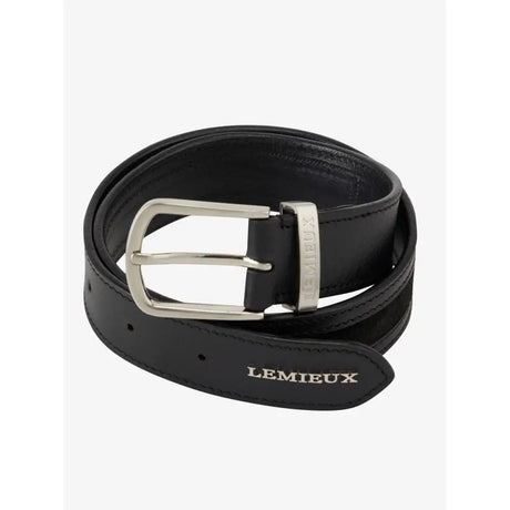 Black leather lemieux suede insert belt with silver buckle and tonal suede cutout embossed with brand name