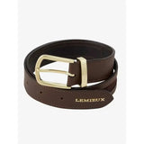 Brown leather lemieux suede insert belt with a gold buckle and tonal suede cutout embossed brand tab