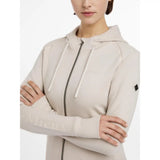 Beige lemieux tabi tech zip hoodie stone with white drawstrings and small black logo patch on the sleeve