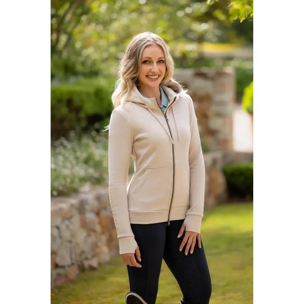 Beige lemieux tabi tech zip hoodie stone with soft fleece texture and subtle ribbed hem for comfort and style