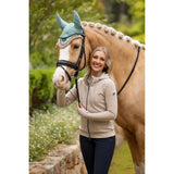 Teal crocheted horse hood with ear flaps and trim paired with lemieux tabi tech zip hoodie stone for riding comfort
