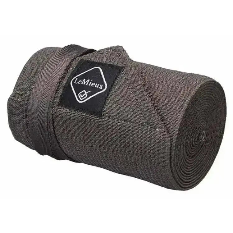 Dark gray textured fabric lemieux tail bandage grey with black lemieux label for keeping tails clean tidy