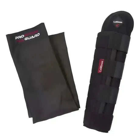 Black lemieux tail guard horse leg guard with adjustable straps and red branding to protect tails during horse care