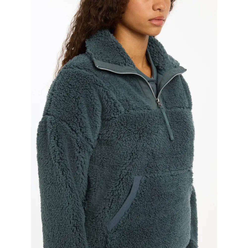 Teal Tara Teddy Fleece Pullover Jacket with High Collar and Front Pocket