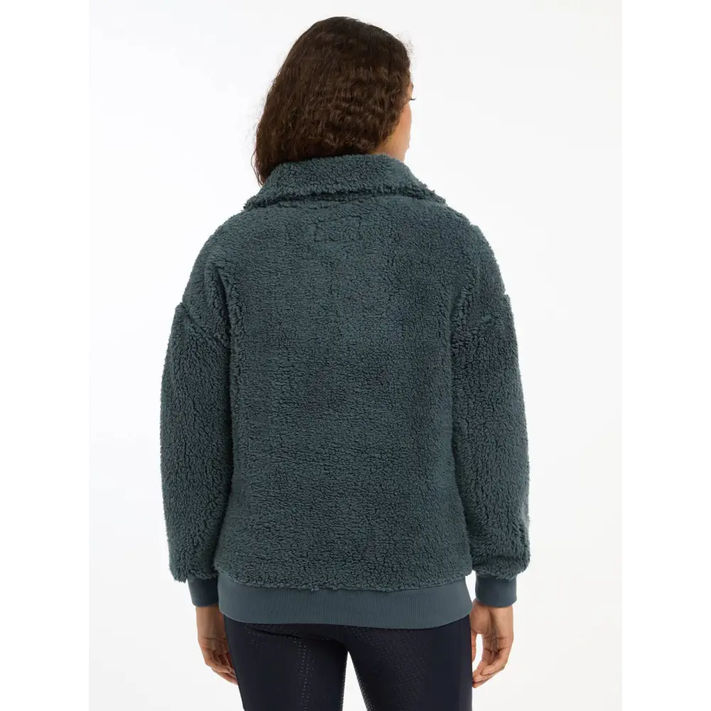 Teal Tara Teddy Fleece jacket with high collar viewed from the back