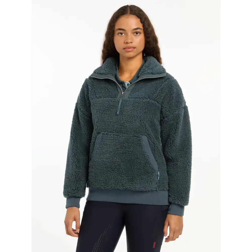 Teal Lemieux Tara Teddy Fleece pullover jacket with high collar and front pocket