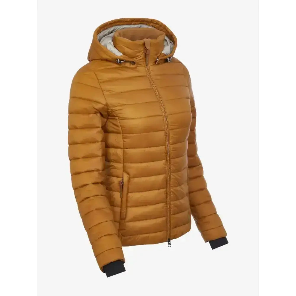 Lemieux tilly hooded puffer jacket ginger in mustard yellow with quilted design, light gray lining, and black cuffs