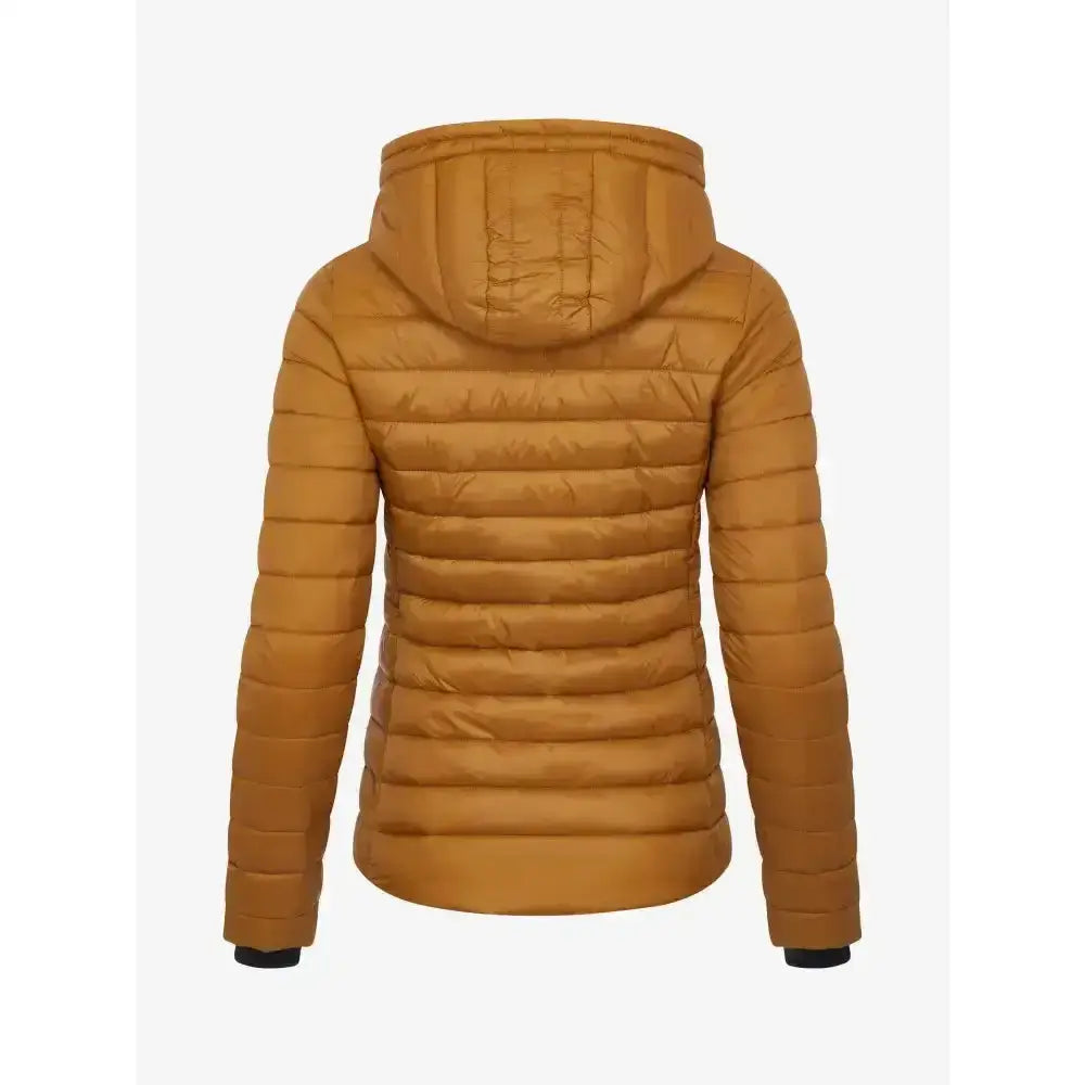 Lemieux tilly hooded puffer jacket ginger in mustard yellow with quilted horizontal stitching and black cuffs