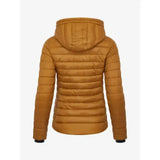 Lemieux tilly hooded puffer jacket ginger in mustard yellow with quilted horizontal stitching and black cuffs