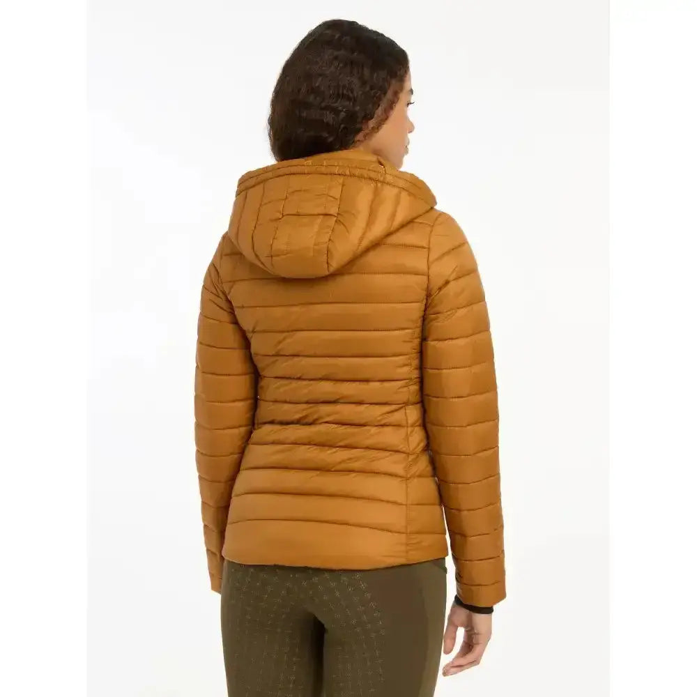 A mustard-yellow lemieux tilly hooded puffer jacket with quilted design and ribbed cuffs in puffer jacket ginger color
