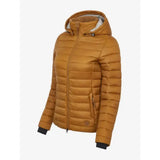 Lemieux tilly hooded puffer jacket ginger in mustard yellow with quilted design black cuffs and light gray lining
