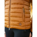 A tan quilted lemieux tilly hooded puffer jacket ginger with central zipper and leather brand patch on front
