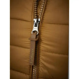 Tan quilted lemieux tilly hooded puffer jacket zipper with silver pull tab and branded leather tag in puffer jacket ginger