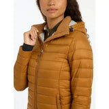 A warm mustard-yellow lemieux tilly hooded puffer jacket with quilted design and zipper closure in puffer jacket ginger