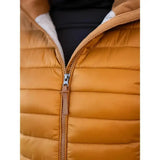 A warm mustard-yellow lemieux tilly hooded puffer jacket ginger with quilted design and tan leather zipper pull