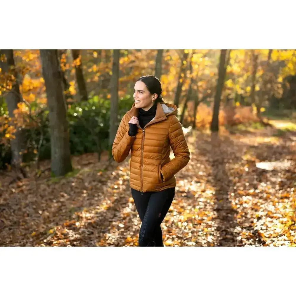 Lemieux tilly hooded puffer jacket ginger in warm quilted tan with hood and zipper closure for cozy wear