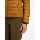 A lemieux tilly hooded puffer jacket ginger in warm mustard yellow with quilted design and brown leather chest patch