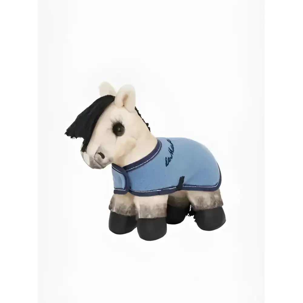A plush white lemieux tiny pony dream horse toy with black mane hooves and a light blue blanket with dark trim